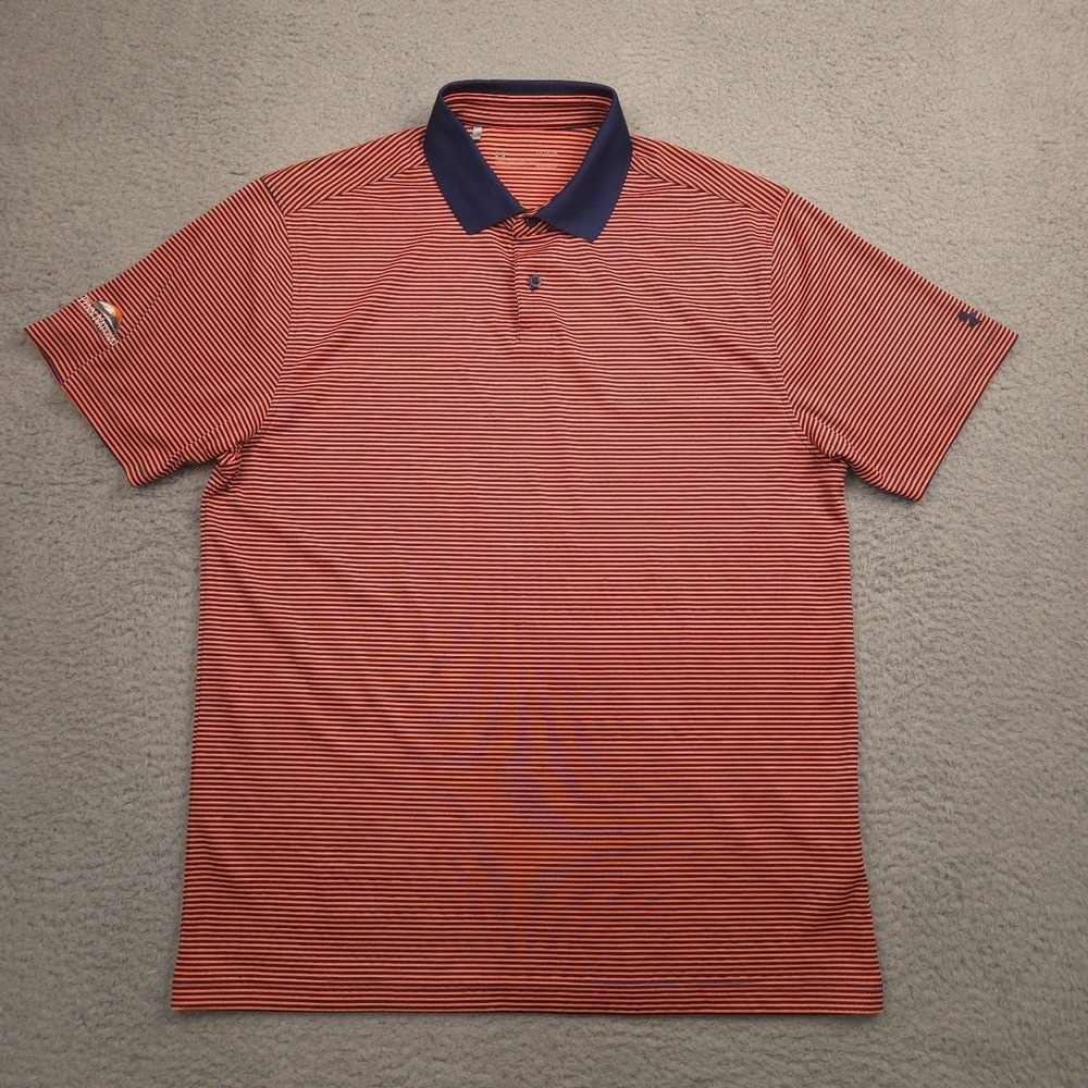 Under Armour Performance Mens Golf Polo Stretch Stripe Moisture Wicking L Orange